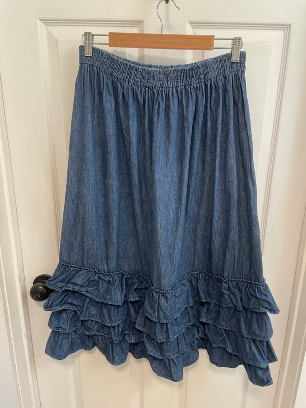 Blue Tiered Ruffle Denim Midi Skirt